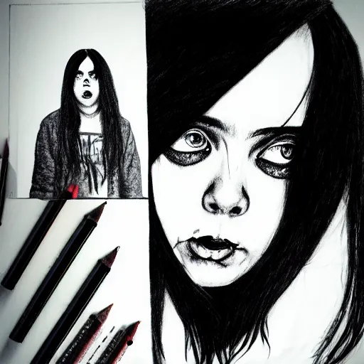 Image similar to grunge drawing of billie eilish in the style of the grudge