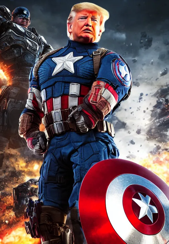 Image similar to Portrait of Donald Trump as captain america in Gears of War, splash art, movie still, cinematic lighting, dramatic, octane render, long lens, shallow depth of field, bokeh, anamorphic lens flare, 8k, hyper detailed, 35mm film grain