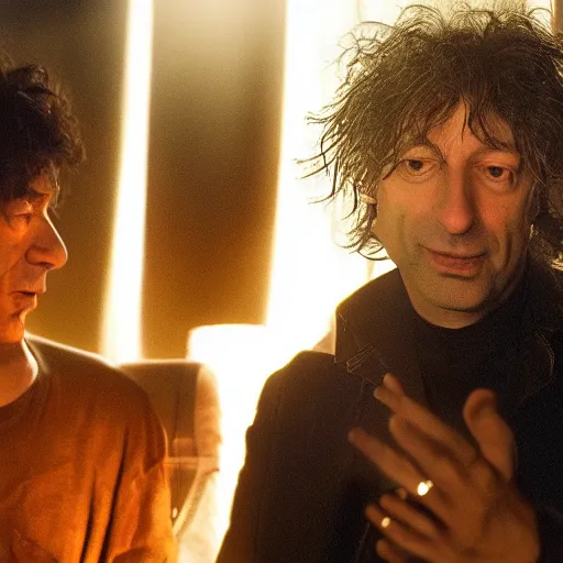 Prompt: a dramatic photograph of neil gaiman having a conversation with dream from the sandman in a fantasy world, dramatic lighting, filmic, cinematographic, sci - fi