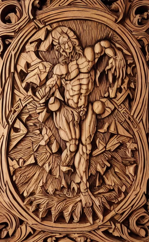 Prompt: an extremely detailed wood relief carving depicting a monstrous image of the god apollo transforming into a stylized sun, medieval, renaissance, manuscript, woodcut, in the style of albrecht durer, alchemical symbols