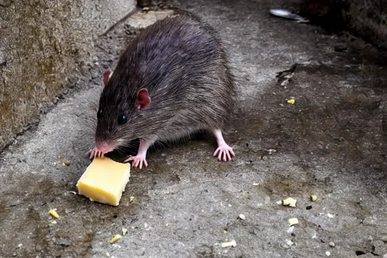 Image similar to a giant rat eating cheese in a sewer, photograph, terror, horror, mutant,