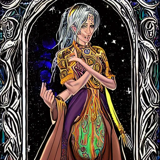 Prompt: a traditional sacred priestess coming back to life in the modern world, haloed, cosmic horror style