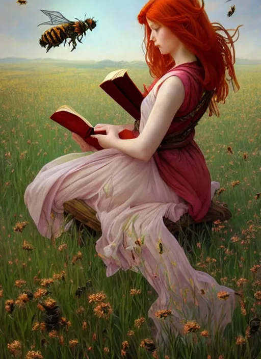 Image similar to an epic fantasy comic book style portrait painting of a young red headed girl reading a book in a field of flowers surrounded by bees, d & d, fantasy, intricate, elegant, highly detailed, digital painting, artstation, concept art, matte, sharp focus, illustration, art by artgerm and greg rutkowski and alphonse mucha
