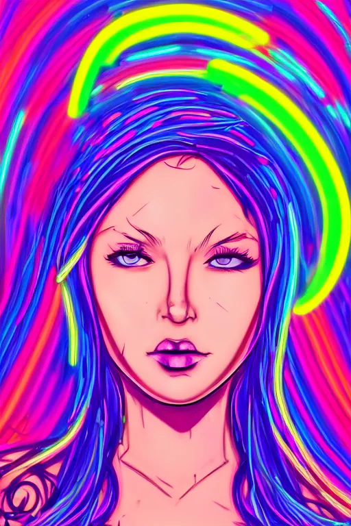 Image similar to a award winning portrait of a beautiful woman with stunning eyes in a one off shoulder croptop and cargo pants with rainbow colored hair, outlined by whirling illuminated neon lines and fine lines swirling in circles by ossdraws, digital art, trending on artstation