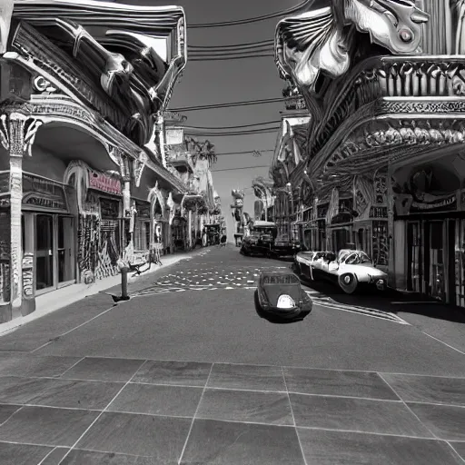 Image similar to gothic style Las Vegas in 1973, psychotic anthropomorphic Elvis chickens roaming the streets and driving Cadillacs, bright light city, high octane, 8k vray render, subsurface scatter, drum scanner, intricate complexity, cinematic quality