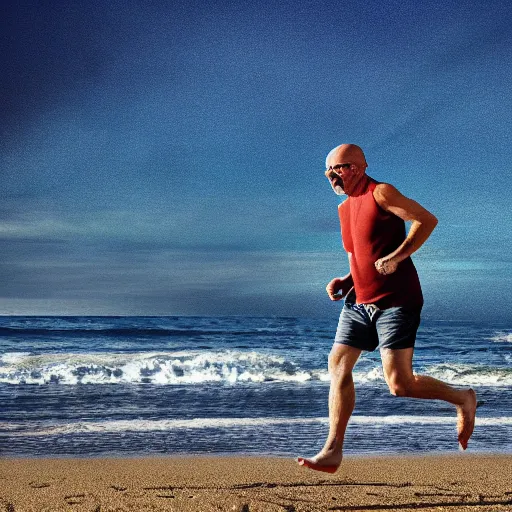 Image similar to Walter White running on the beach, artistic, 8k, cinematic, accurate, symetric, face, dramatic lighting, pastel colours