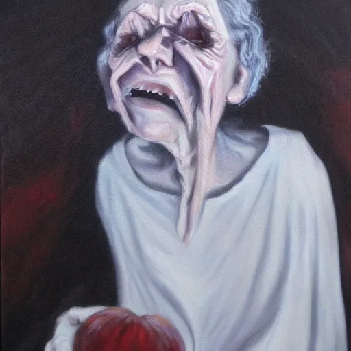 Image similar to creepy old cursed witch watching you sleep, eerie, haunted, oil painting