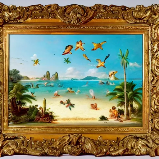 Prompt: tropical beach paradise, rococo art style, animals and birds, highly detailed