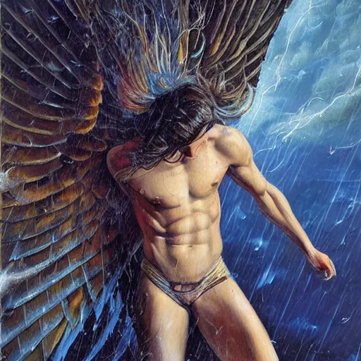 Prompt: beautiful painting by karol bak of a fourteen year old boy with and enormous mechanical wing strapped to his back, standing on the back of a boat in a storm, his arms spread, face looking skyward, wearing only shorts, ready to fly, full body, icarus, winged boy, young teen, rain, clouds, waves, splash,