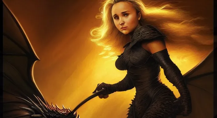 Prompt: Hayden Panettiere from Heroes (2006) fighting a black dragon in a dark cave lit by fire explosions, wide-angle lens, D&D, fantasy, intricate, elegant, highly detailed, digital painting, artstation, concept art, matte, sharp focus, illustration, hearthstone, art by Artgerm and Greg Rutkowski and Alphonse Mucha