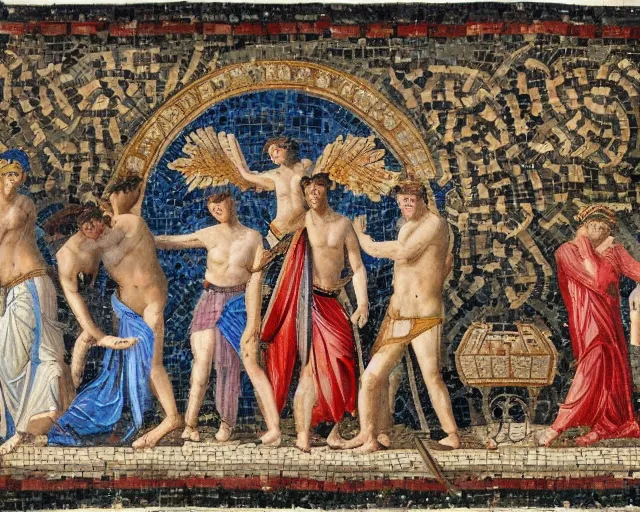 Prompt: ancient roman mosaic, generic kpop boy band, neoclassical painting, lasers, smoke machine, cdx