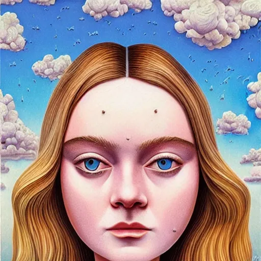 Prompt: professional painting of Elle Fanning in the style of Octavio Ocampo, head and shoulders portrait, symmetrical facial features, smooth, sharp focus, illustration, intricate, stormy weather, extremely detailed masterpiece,