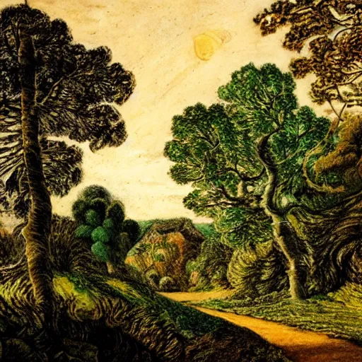 Image similar to a country path in the style of Samuel Palmer