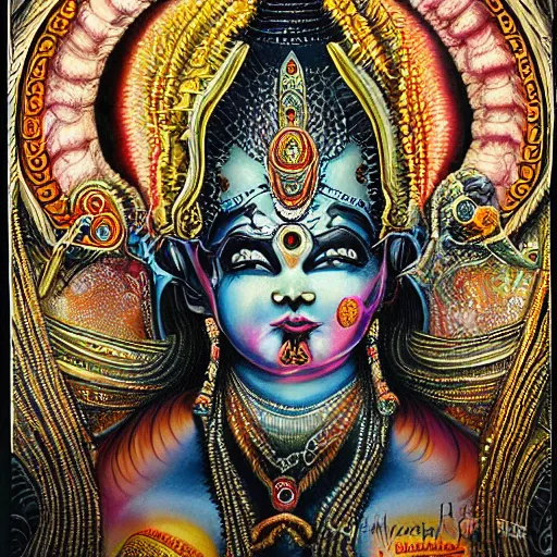 Prompt: hindu gods, airbrush painting by hr giger, intricate detail, exquisite craftsmanship, colorful lighting,