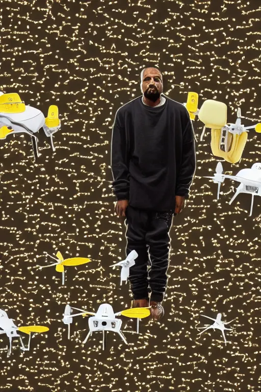 Prompt: kanye west in dream fantasy world surrounded by 8 drones