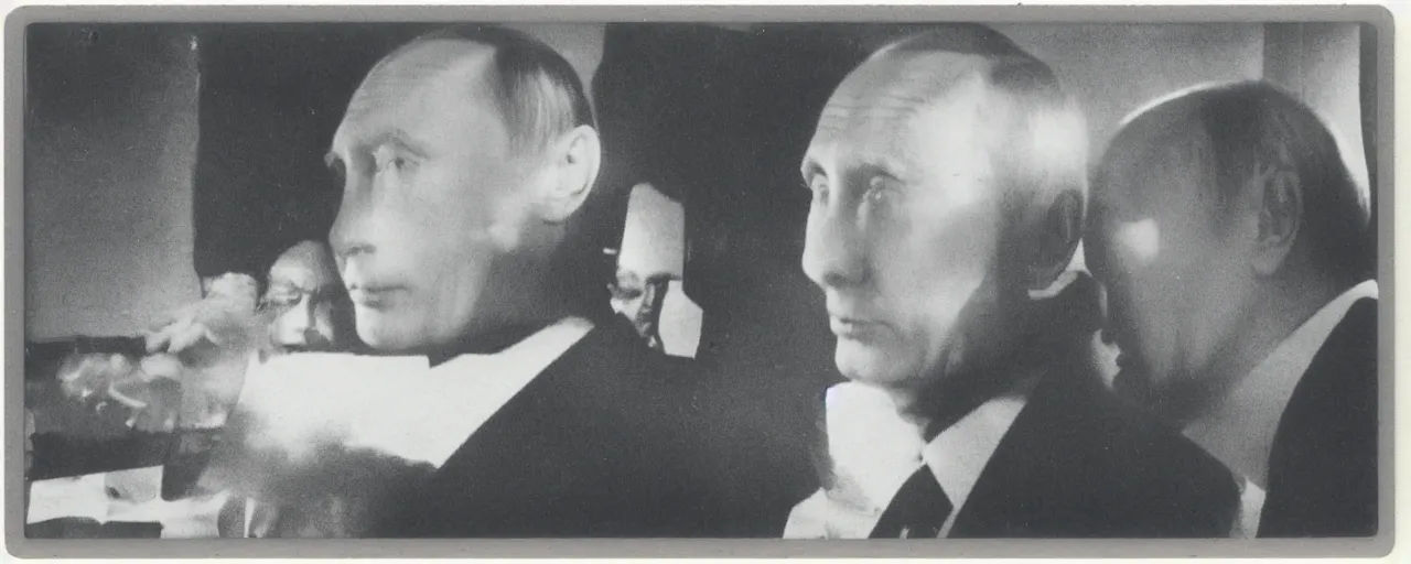 Image similar to Vladimir putin looking at an atomic bomb. polaroid. bleak.