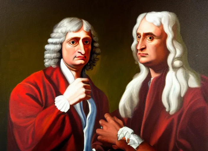 Prompt: a classical portrait of sir isaac newton and the rapper tupac shakur, oil on canvas