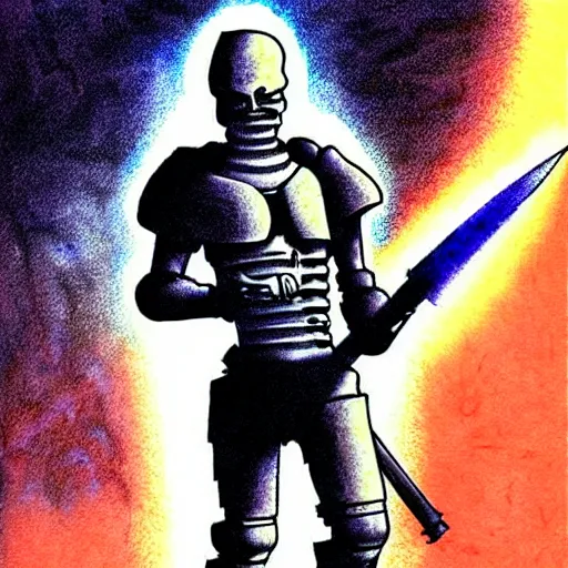 Prompt: a don lawrence style sci - fi warrior, colored ink drawing, smooth, sharp focus, vibrant volumetric dark natural light, dark enlightenment, alchemy, albedo.