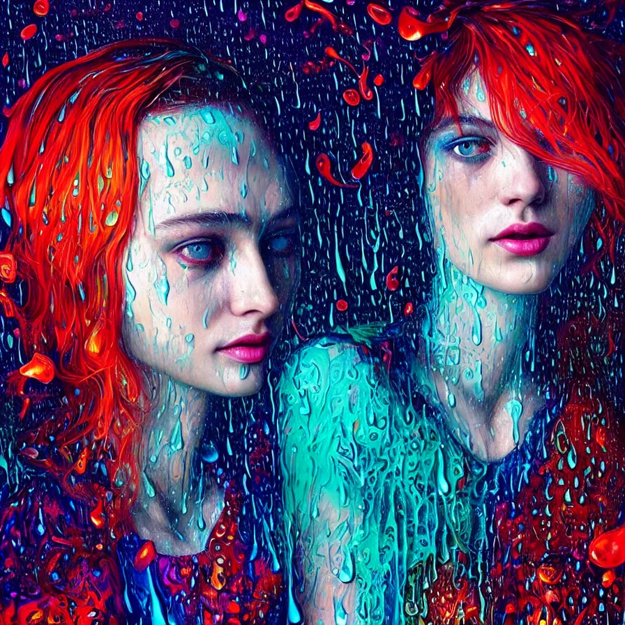 Image similar to bright asthetic portrait of LSD in rain with wet hair and face, liquid, fantasy, intricate, elegant, dramatic lighting, highly detailed, lifelike, photorealistic, digital painting, artstation, illustration, concept art, smooth, sharp focus, art by John Collier and Albert Aublet and Krenz Cushart and Artem Demura and Alphonse Mucha