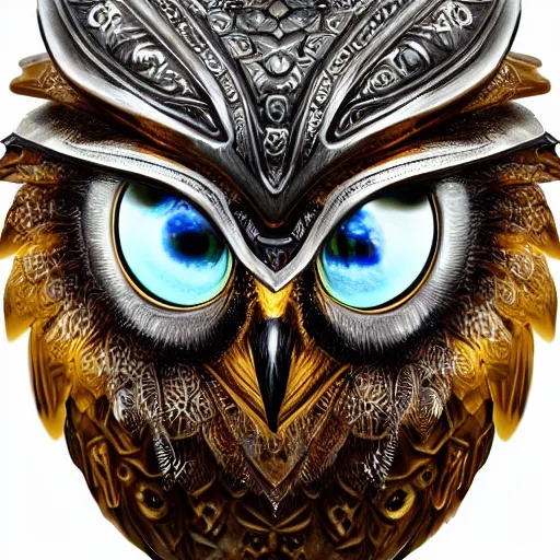 Prompt: warrior with jewel encrust metal owl armour, highly detailed, 4k, HDR, smooth, sharp focus, hyper realistic, high resolution