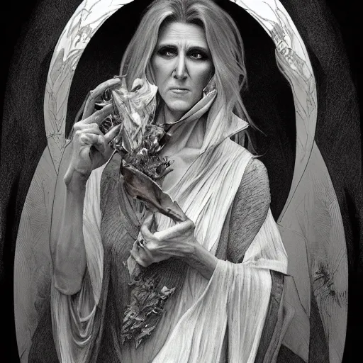 Prompt: beautiful lifelike award winning pencil illustration of celine dion as a scary wraith with her mouth wide open trending on art station artgerm greg rutkowski alphonse mucha museum quality cinematic atmospheric