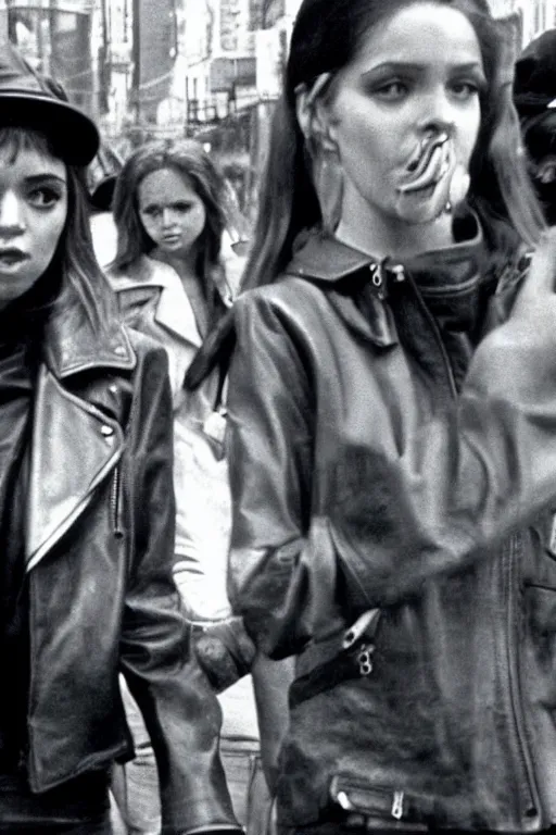 Image similar to attractive young woman, center focus, wearing leather jacket, in city street, film still from martin scorcese's taxi driver ( 1 9 7 6 )