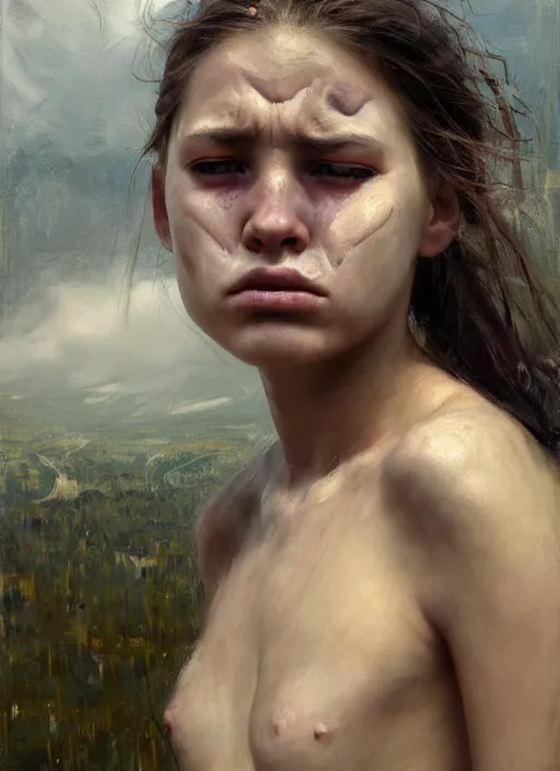 Image similar to portrait of very sad vilage girl, pain, cry, suffering, countryside, fantasy character portrait, dynamic pose, above view, view from above, sunny day, thunder clouds in the sky, artwork by Jeremy Lipkin and Giuseppe Dangelico Pino and Michael Garmash and rob rey, very coherent symmetrical artwork, perfect face, simple form, 100mm