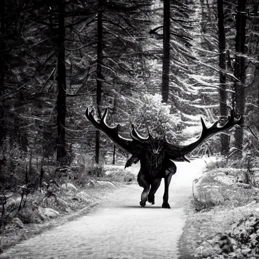 Image similar to flash photo of wendigo rushing out of the woods, dramatic, high contrast