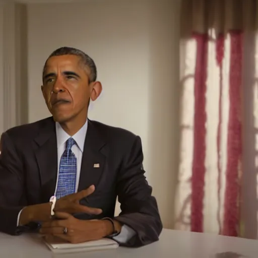 Image similar to Movie still of Barack Obama in a tan suit