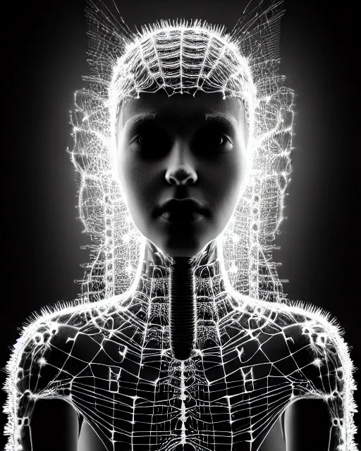 Image similar to black and white cyborg-plant goddess high quality photo, artificial intelligence, bio-mechanical bio-luminescence, artificial spider web, neurons, nerve cells, octane render, cinematic, rim light, hyper realism, photo-realistic, high detail, 8k, in the style of Steven Meisel and Dora Maar and H.G. Giger