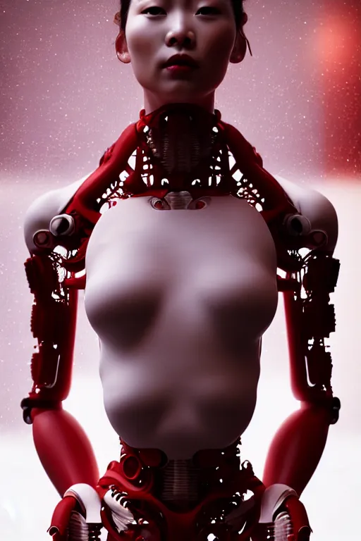 Image similar to a statue made of red marble, of an beautiful chinese girl, full body shot, perfect body, white biomechanical, inflateble shapes, wearing epic bionic cyborg implants, masterpiece, intricate, biopunk futuristic wardrobe, vogue, highly detailed, artstation, concept art, background galaxy, cyberpunk, octane render