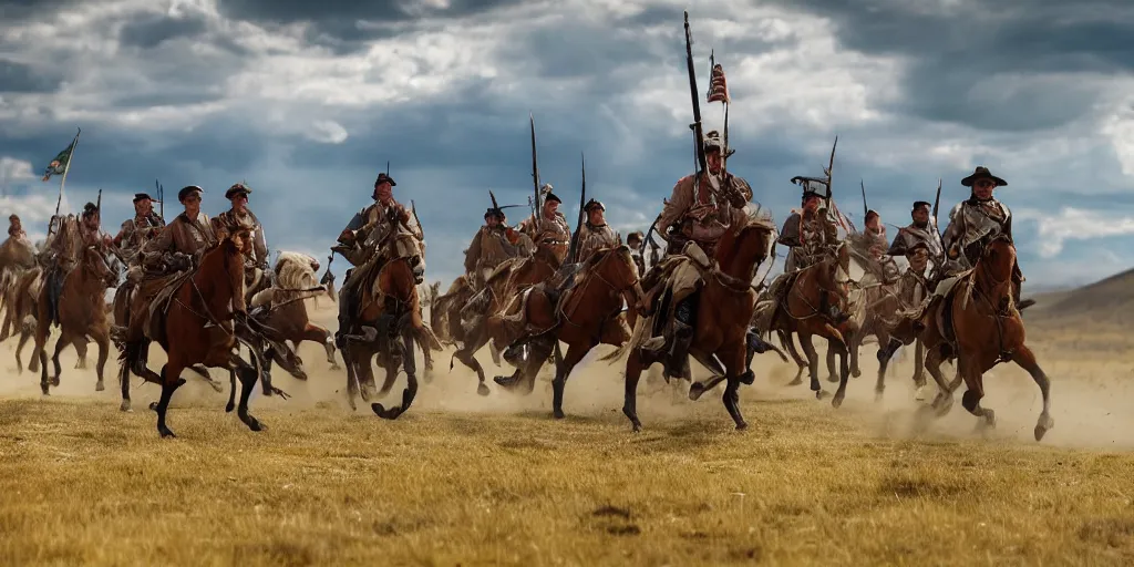 Prompt: promotional movie still of an action shot from the battle of little bighorn, custer's last stand, majestic horses, desperate action, dramatic hdr natural light, cinematic lighting, extremely high detail, photorealistic, imax 7 0 mm, iso 4 0 0, 8 k, 4 k, hq