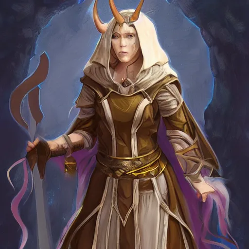 Image similar to portrait of a female cleric for a fantasy videogame, horns growing out of head, dark robes