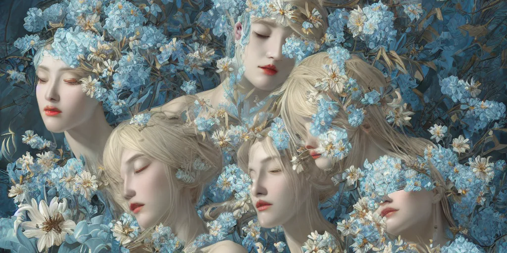 Image similar to breathtaking detailed concept art painting art deco pattern of blonde faces goddesses amalmation light - blue flowers with anxious piercing eyes and blend of flowers and birds, by hsiao - ron cheng and john james audubon, bizarre compositions, exquisite detail, extremely moody lighting, 8 k