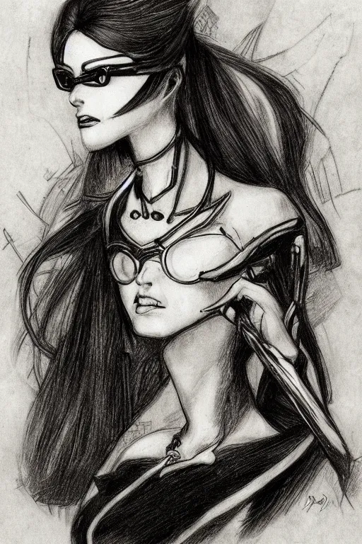 Image similar to Portrait sketch of fully clothed Bayonetta by Da Vinci