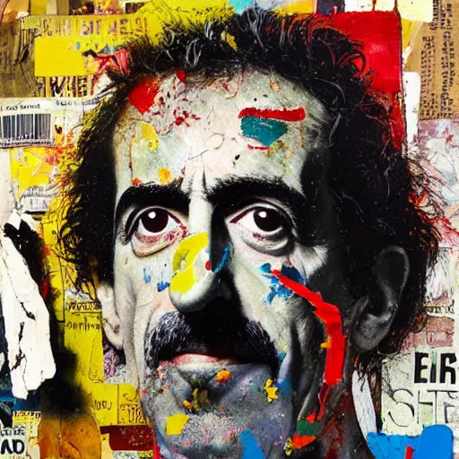Image similar to hyperrealistic, photorealistic, mixed media oil painting of frank zappa, magazine scraps, plaster, blood, oil, mustard, splatter, greg rutkowski, basquiat, ralph steadman, wesley kimler, terry gilliam, andy warhol, wesley kimler