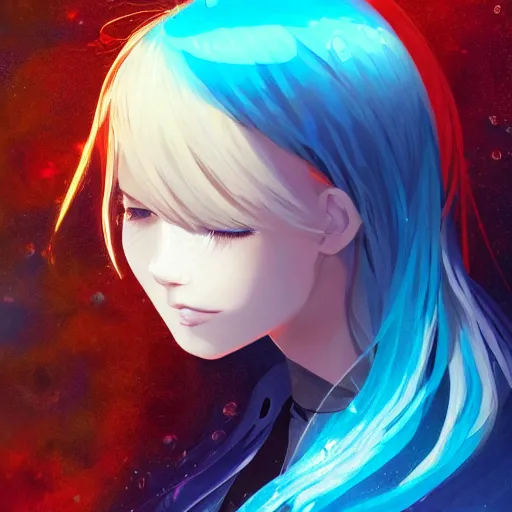 Prompt: water dripping on rimuru tempest, heavenly ripples, sky blue straight hair, bangs, with amber eyes, black jacket, high collar, ultra detailed, euphoric, masterpiece, digital painting, psychedelic, cinematic, wlop, pixiv, swirly, ilya kuvshinov, ross tran, color block