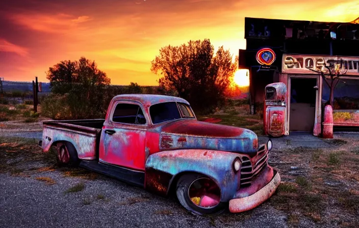 Image similar to a sunset light landscape with historical route 6 6, lots of sparkling details and sun ray ’ s, blinding backlight, smoke, volumetric lighting, colorful, octane, 3 5 mm, abandoned gas station, old rusty pickup - truck, beautiful epic colored reflections, very colorful heavenly, softlight