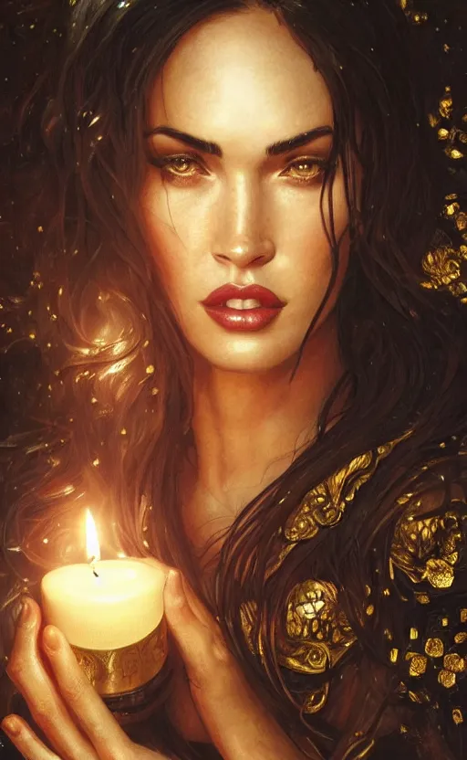 Image similar to masterpiece of megan fox with beautiful hands close to a candle in dark room, cinematic, powerful, moon beams dramatic light, highly, intricate gold elements, hollow souls, detailed, digital painting, artstation, concept art, sharp focus, illustration, art by artgerm and greg rutkowski and alphonse mucha