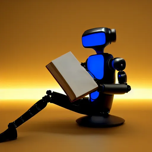 Image similar to futuristic lonely humanoid robot with huge comically sad OLED eyes and open rectangular mouth sits facing left reading a hardbound leather book on a comfortable midcentury chair. Cinematic Lighting, Cinematic Movie Photograph, Arri Alexa, Extremely Detailed, smooth, very very clean, simple, 8K, octane render, maya render, unreal engine, trending on artstation, DSLR