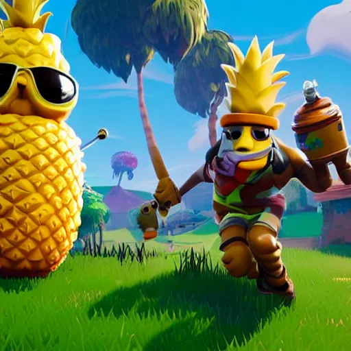 Image similar to anthropomorphic pineapple filled with beans, the bean - filled anthropomorphic pineapple is playing the video game fortnite, there are beans on the ground next to the pineapple