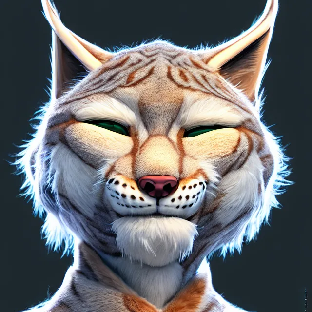 Prompt: the portrait of anthropomorphic lynx fursona, icon, logo, face only, avatar, telegram sticker, by furaffinity, anime, manga, kim jung gi, irakli nadar, intricate linework, white fur, unreal engine 5 highly rendered, global illumination, radiant light, detailed and intricate environment