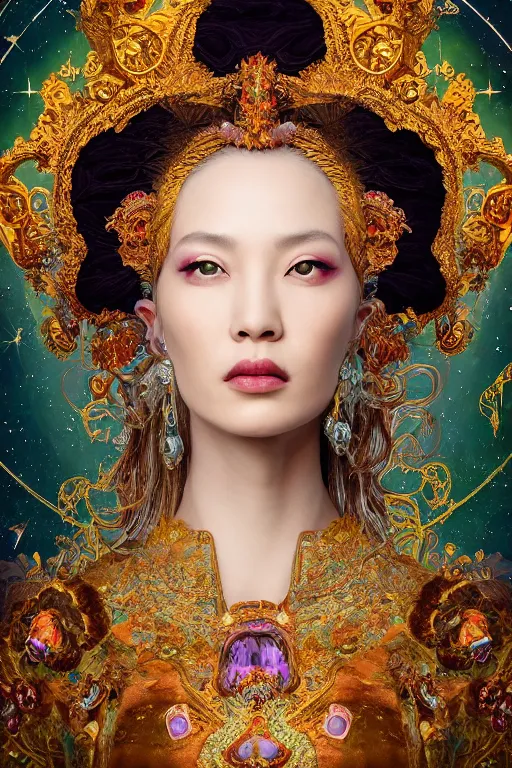 Image similar to a beautiful empress portrait, with a brilliant, impossible striking big cosmic headpiece, clothes entirely made out of cosmos, symmetrical, dramatic studio lighting, rococo, baroque, jewels, asian, hyperrealism, closeup, D&D, fantasy, intricate, elegant, highly detailed, digital painting, artstation, octane render, 8k, concept art, matte, sharp focus, illustration, art by Artgerm and Greg Rutkowski and Alphonse Mucha