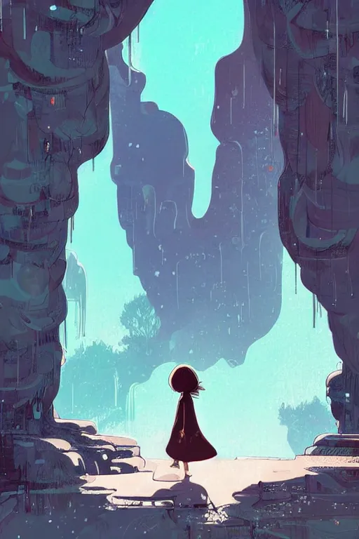 Prompt: a girl walking to a giant wooden door with archaic symbols embedded onto it in a cave with waterfall, digital art, illustrated by pascal campion and moebius and victo ngai, colorful comics style