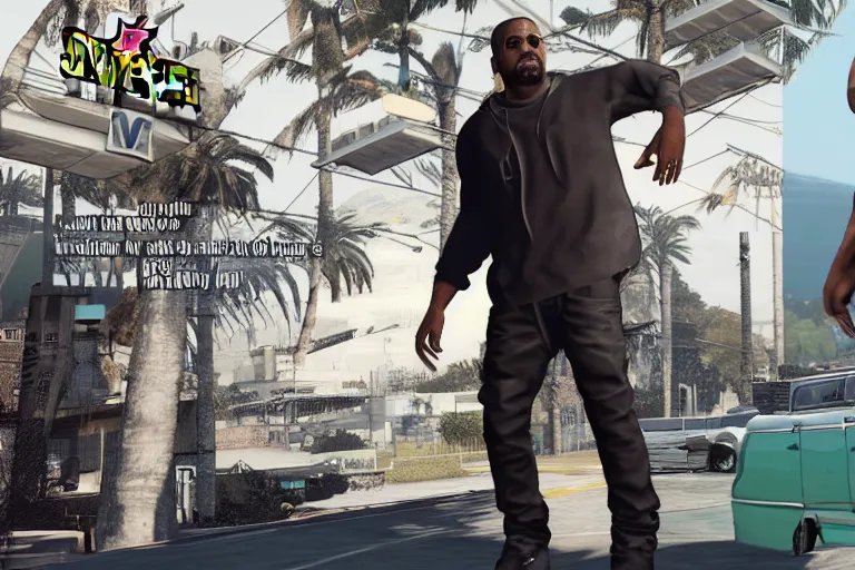 Prompt: kanye west [ gta v ], gta v menu art,