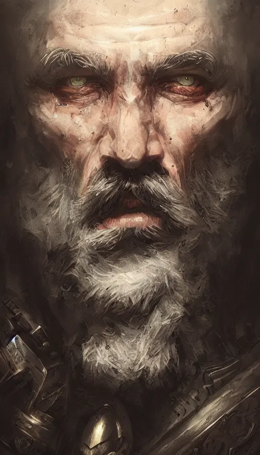 Image similar to Portrait of an old knight with a large moustache, male, detailed face, fantasy, highly detailed, cinematic lighting, digital art painting by greg rutkowski