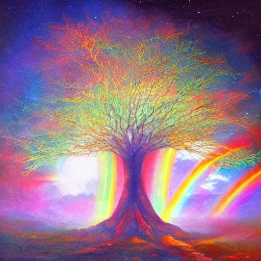 Image similar to the ghost of the world tree radiates rainbow light into the dark cosmos, epic painting, romanticism, atmospherics