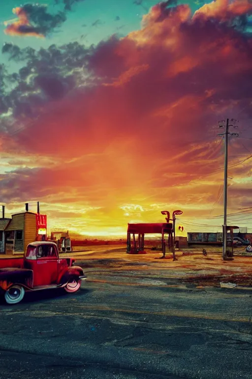 Image similar to a sunset light landscape with historical route 6 6, lots of sparkling details and sun ray ’ s, blinding backlight, smoke, volumetric lighting, colorful, octane, 3 5 mm, abandoned gas station, old rusty pickup - truck, beautiful epic colored reflections, very colorful heavenly, softlight