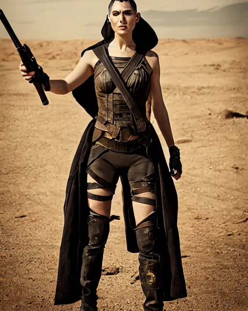 Prompt: photoshoot of gal gadot dressed as imperator furiosa in mad max fury road, photoshoot in the style of annie leibovitz, george miller, alejandro jodorowsky, studio lighting, soft focus 9 mm lens, bokeh