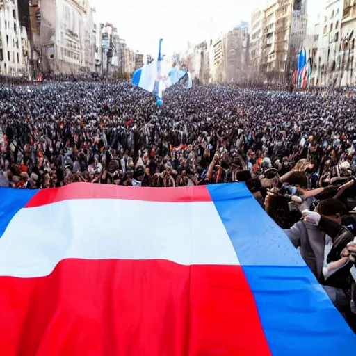 Image similar to Lady Gaga as president, Argentina presidential rally, Argentine flags behind, bokeh, giving a speech, detailed face, Argentina